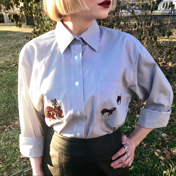 Vintage Tops - Vintage Horses Pinstriped Button Up Shirt